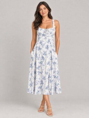 Rihoas Blue Floral Square Neck Midi Dress with Pockets – M
